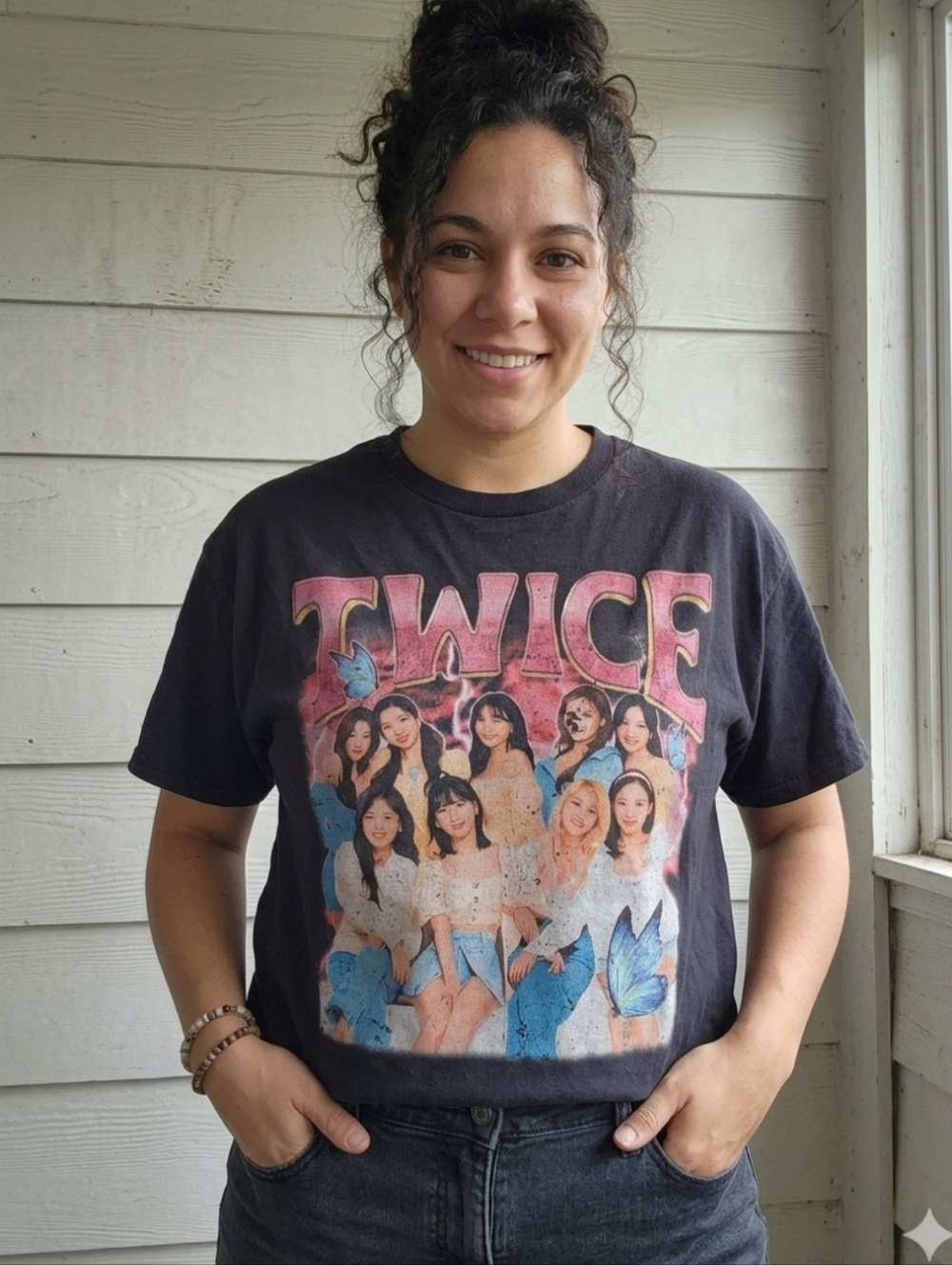 Gildan Black TWICE Band Photo Tee with Pink and Blue Graphics